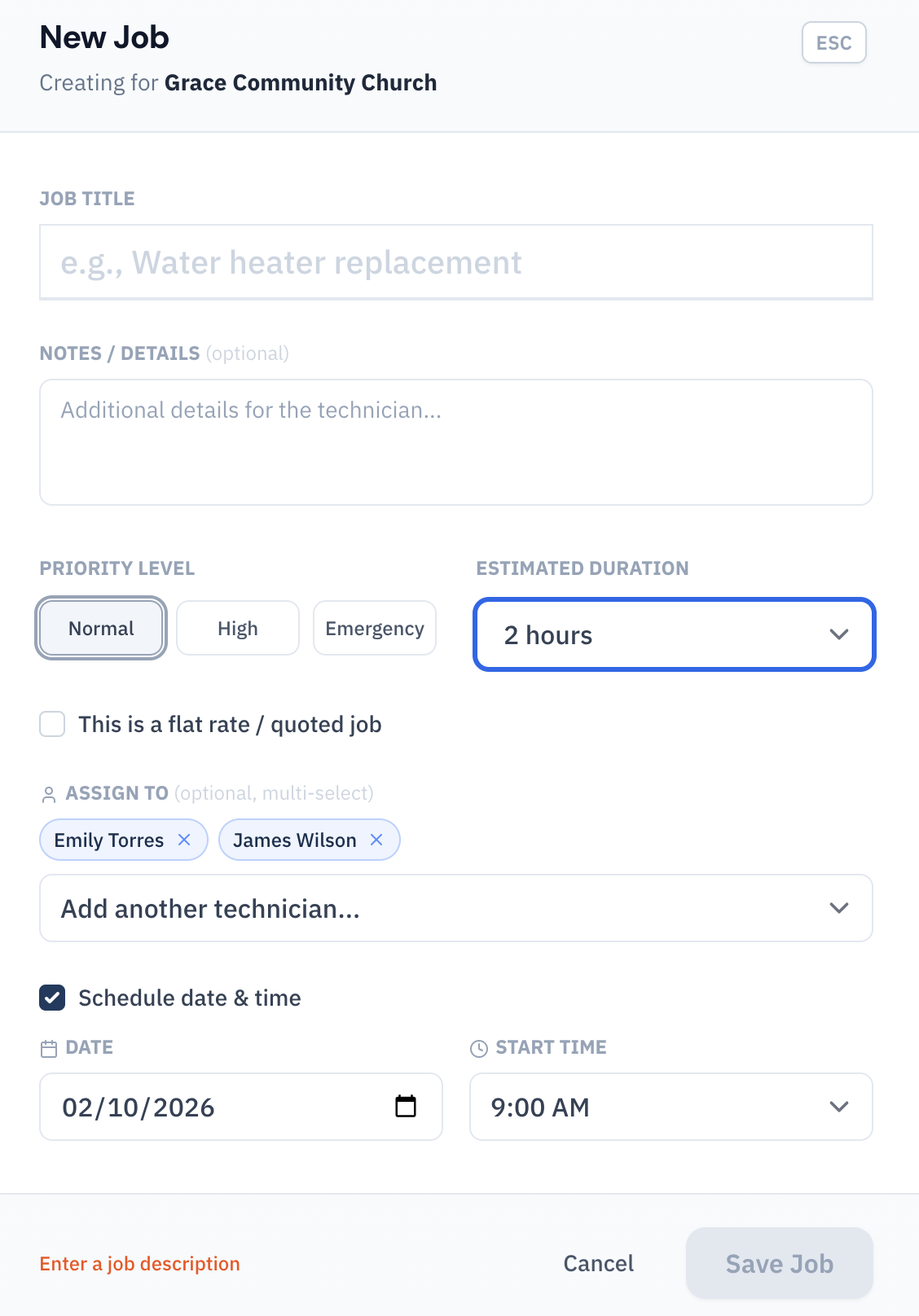 DispatchCore quick job modal with multi-tech assignment chips and scheduling