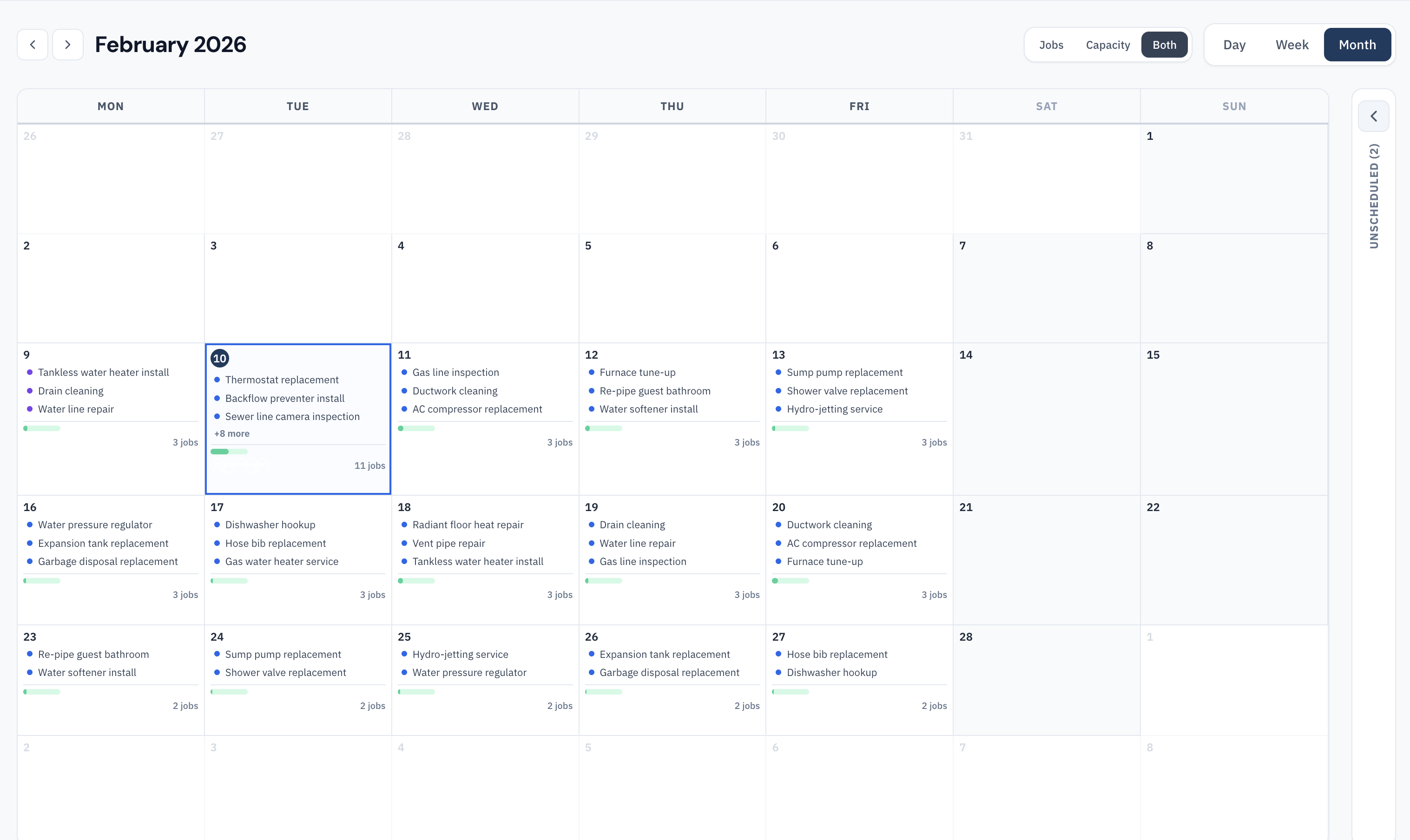 Dispatch board month view showing the full month calendar