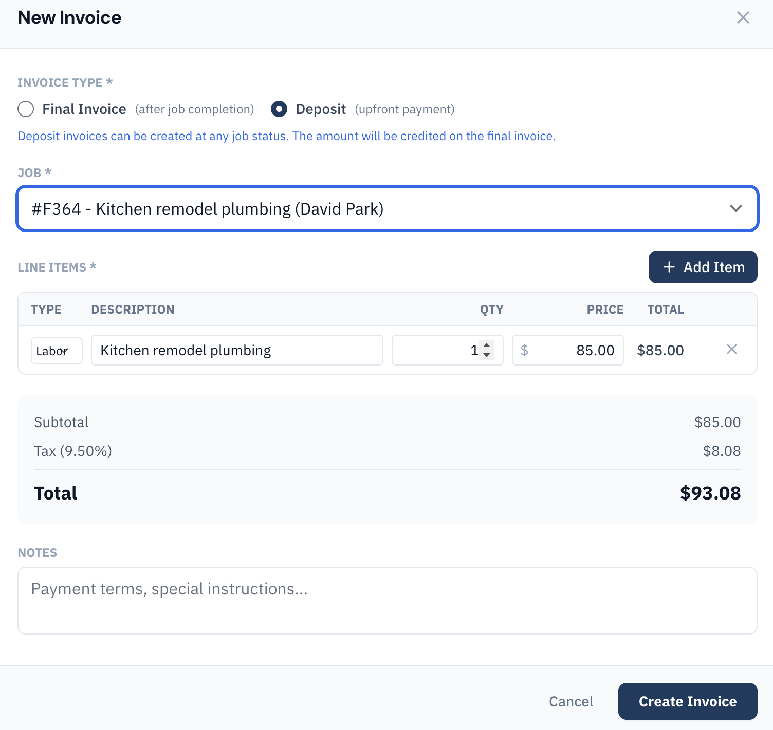 New invoice modal with line items