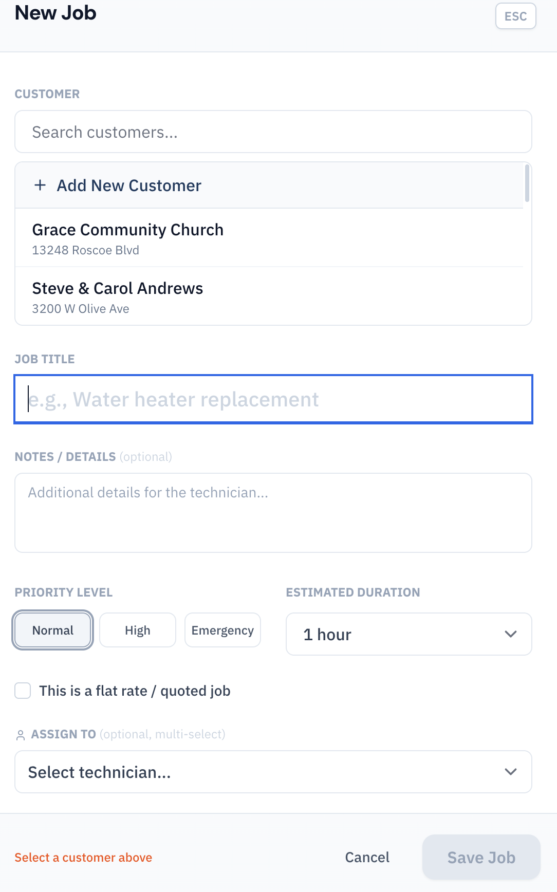 Create job modal with customer selection